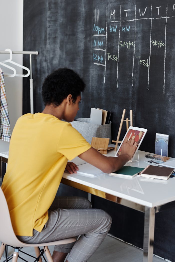 Teenager engaged in digital drawing at a desk with a blackboard calendar in the background.
